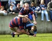 30 April 2005; Fiach O'Loughlin, Shannon, is tackled by Bernard Jackman, (2) and Dave O'Brien, Clontarf. AIB All Ireland League 2004-2005, Division 1 Semi-Final, Shannon v Clontarf, Thomond Park, Limerick. Picture credit; Damien Eagers / SPORTSFILE