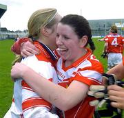 30 April 2005; Cork goalkeeper Elaine Harte and Ciara Walsh celebrate victory. Suzuki Ladies National Football League, Division 1 Final, Cork v Galway, Gaelic Grounds, Limerick. Picture credit; Ray McManus / SPORTSFILE