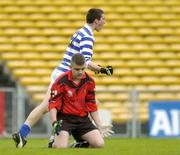 2 May 2005; Sean Ramsbottom, Knockbeg College, celebrates scoring his sides second goal as James Ruane, St Mary's College, looks on. All-Ireland Colleges Senior 'A' Football Final, St. Mary's College v Knockbeg College, Semple Stadium, Thurles, Co. Tipperary. Picture credit; Brendan Moran / SPORTSFILE