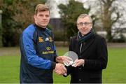 14 January 2014; Leinster's Jordi Murphy who received his Bank of Ireland player of the month award for November/December 2013 from Stephen Defoubert, Company Director, EMS, Ireland, Bank of Ireland, Kill O the Grange, Dublin. Bank of Ireland Bank of Ireland Player of the Month for November/December 2013, Rosemount, UCD, Belfield, Dublin. Picture credit: Brendan Moran / SPORTSFILE