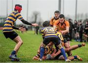 14 January 2014; Eoin MacLoughlin, Skerries C.C, holds possession in the ruck as Cian Twohey, St. Patrick's Classical School, Navan, attempts a turnover. Fr. Godfrey Cup, 1st Round, St. Patrick's Classical School, Navan v Skerries C.C, Ashbourne RFC, Ashbourne, Co. Meath. Picture credit: Ramsey Cardy / SPORTSFILE