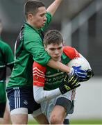 16 January 2014; Kealan Galligan, St Mary's CBS, Carlow, in action against Mark Prunty, Castleknock Community College. Leinster Schools Senior A Football Championship, Round 1, St Mary's CBS, Carlow v Castleknock Community College, Dr. Cullen Park, Carlow. Picture credit: Matt Browne / SPORTSFILE