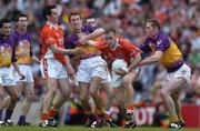 1 May 2005; John McEntee, Armagh, supported by team-mate Aaron Kernan, in action against Redmond Barry, left, and Nicky Lambert, Wexford. Allianz National Football League, Division 1 Final, Armagh v Wexford, Croke Park, Dublin. Picture credit; Brendan Moran / SPORTSFILE