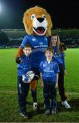 17 January 2014; Leo The Lion with Leinster matchday mascots, from left, Max Comiskey, Alex Carberry and Auveen O'Neill. Heineken Cup 2013/14, Pool 1, Round 6, Leinster v Ospreys, RDS, Ballsbridge Dublin. Picture credit: Stephen McCarthy / SPORTSFILE