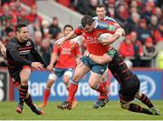 19 January 2014; Damien Varley, Munster, is tackled by Roddy Grant, Edinburgh. Heineken Cup 2013/14, Pool 6, Round 6, Munster v Edinburgh, Thomond Park, Limerick. Picture credit: Matt Browne / SPORTSFILE