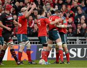 19 January 2014; James Coughlan, Munster, celebrates with team-mates after scoring his side's first try. Heineken Cup 2013/14, Pool 6, Round 6, Munster v Edinburgh, Thomond Park, Limerick. Picture credit: Diarmuid Greene / SPORTSFILE