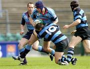 7 May 2005; Chris McCarey, Belfast Harlequins, is tackled by Fionn McLoughlin (10), Shannon. AIB All Ireland League 2004-2005, Division 1 Final, Shannon v Belfast Harlequins, Lansdowne Road, Dublin. Picture credit; Brendan Moran / SPORTSFILE