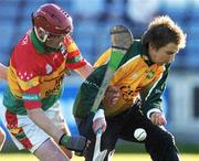 7 May 2005; The Offaly goalkeeper Brian Mullins under pressure from Carlow's Pat Coady. Allianz National Hurling League, Division 2 Final, Offaly v Carlow, O' Moore Park, Portlaoise, Co. Laois. Picture credit; Ray McManus / SPORTSFILE