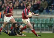 8 May 2005; Anthony Horgan, Munster, is tackled by Gordon D'Arcy, Leinster. Celtic Cup 2004-2005 Semi-Final, Leinster v Munster, Lansdowne Road, Dublin. Picture credit; Brian Lawless / SPORTSFILE