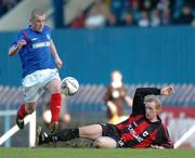 10 May 2005; Paul Keegan, Longford Town, in action against Aidan O'Kane, Linfield. Setanta Cup, Group One, Linfield v Longford Town, Windsor Park, Belfast. Picture credit; David Maher / SPORTSFILE