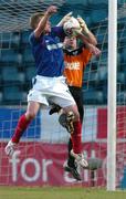 10 May 2005; Stephen O'Brien, Longford Town goalkeeper, in action against Peter Thompson, Linfield. Setanta Cup, Group One, Linfield v Longford Town, Windsor Park, Belfast. Picture credit; David Maher / SPORTSFILE