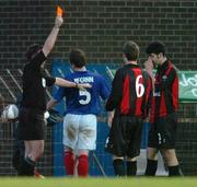 10 May 2005; Referee, Adrian McCourt, shows the red card to Ryan McCann, Linfield, during the second half. Setanta Cup, Group One, Linfield v Longford Town, Windsor Park, Belfast. Picture credit; David Maher / SPORTSFILE