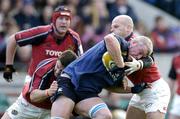 8 May 2005; Victor Costello, Leinster, is tackled by David Wallace, left, and Paul Burke, Munster. Celtic Cup 2004-2005 Semi-Final, Leinster v Munster, Lansdowne Road, Dublin. Picture credit; Brendan Moran / SPORTSFILE