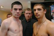 13 May 2005; Boxers Bernard Dunne, left, with Yuri Voronin, right, and boxing promoter Brian Peter,  at a weigh-in prior to the Bernard Dunne.v. Yuri Voronin boxing event that takes place on 14th May. Jury's Hotel, Ballsbridge, Dublin. Picture credit; David Maher / SPORTSFILE