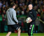18 January 2014; Leicester Tigers assistant backs coach, Geordan Murphy, left, along with backs coach Paul Burke. Heineken Cup 2013/14, Pool 5, Round 6, Leicester Tigers v Ulster, Welford Road, Leicester, England. Picture credit: Oliver McVeigh / SPORTSFILE