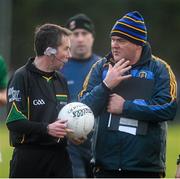 19 January 2014; Roscommon manager John Evans speaks to referee Eamonn O'Grady at half time. FBD League, Section A, Round 3, Roscommon v Mayo, Michael Glaveys GAA Club, Ballinlough, Co. Roscommon. Picture credit: David Maher / SPORTSFILE