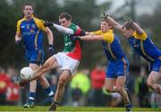 19 January 2014; Shane McHale, Mayo, in action against Ronan Stack and Donall Keane, Roscommon. FBD League, Section A, Round 3, Roscommon v Mayo, Michael Glaveys GAA Club, Ballinlough, Co. Roscommon. Picture credit: David Maher / SPORTSFILE
