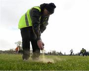 19 January 2014; Gerry Coffey, a member of the Glaveys GAA Club, marks the edge of the area before the start of the game. FBD League, Section A, Round 3, Roscommon v Mayo, Michael Glaveys GAA Club, Ballinlough, Co. Roscommon. Picture credit: David Maher / SPORTSFILE