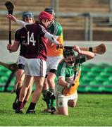 19 January 2014;  Dan Kelleher, Offaly, in action against Niall Healy, Galway. Bord Na Mona Walsh Cup, Quarter-Final, Offaly v Galway, O'Connor Park, Tullamore, Co. Offaly. Picture credit: Barry Cregg / SPORTSFILE