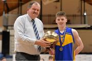 21 January 2014; Stephen O'Hanlon, Patrician HS Carrickmacross, is presented with the MVP by Bernard O'Byrne, Chief Executive, Basketball Ireland. All-Ireland Schools Cup U19B Boys Final, St Colmcilles Knocklyon, Co. Dublin v Patrician HS, Carrickmacross, Co Monaghan, National Basketball Arena, Tallaght, Co. Dublin. Picture credit: Brendan Moran / SPORTSFILE