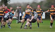 21 January 2014; Sam Wrafter, The King's Hospital, is tackled by Robert Enraght Moony, left, and Edward Moore, right, Cistercian College. Fr. Godfrey Cup, 2nd Round, Cistercian College v The King's Hospital, Portlaoise RFC, Portlaoise, Co. Laois. Picture credit: Barry Cregg / SPORTSFILE