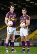 21 January 2014; Gain Feeds were today announced as the new sponsors of the Wexford GAA hurling and football teams. Pictured in attendance at the announcement are Wexford footballers Daithi Waters, left, and Brian Malone. Wexford Park, Wexford. Picture credit: Matt Browne / SPORTSFILE
