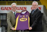 21 January 2014; Gain Feeds were today announced as the new sponsors of the Wexford GAA hurling and football teams. Pictured in attendance at the announcement are Wexford GAA County Board Chairman Diarmuid Devereux, left, and Colm Eustace, CEO of Glanbia Agribusiness. Wexford Park, Wexford. Picture credit: Matt Browne / SPORTSFILE