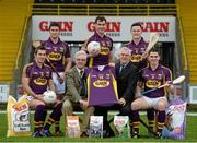 21 January 2014; Gain Feeds were today announced as the new sponsors of the Wexford GAA hurling and football teams. Pictured in attendance at the announcement are Wexford County Board Chairman Diarmuid Devereux, left, and Colm Eustace, CEO of Glanbia Agribusiness, with players, from left to right, Brian Malone, Paul Morris, Daithi Waters, Lee Chin and Eanna Martin. Wexford Park, Wexford. Picture credit: Matt Browne / SPORTSFILE