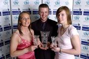 7 May 2005; UL Aughinish coach Tony Hehir, who won the Tom Collins award with UL Aughinish players Michelle Aspell, left, who won Senior Women's Player of the Year and Rachel Clancy, who won Under 20 Female Player of the Year at the O'Driscoll O'Neil Basketball Ireland Awards 2005. Westbury Hotel, Dublin. Picture credit; Brendan Moran / SPORTSFILE