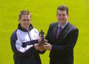 12 May 2005; Shelbourne's Richie Baker, left, who was presented with the eircom/Soccer Writers Association of Ireland Player of the Month award for April by Dennis Cousins, eircom Sponsorship. Tolka Park, Dublin. Picture credit; Brian Lawless / SPORTSFILE