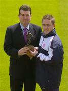 12 May 2005; Shelbourne's Richie Baker, right, who was presented with the eircom/Soccer Writers Association of Ireland Player of the Month award for April by Dennis Cousins, eircom Sponsorship. Tolka Park, Dublin. Picture credit; Brian Lawless / SPORTSFILE