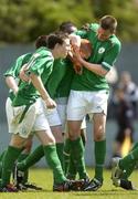 28 April 2005; Terry Dixon, centre, Republic of Ireland, is congratulated by team-mates after scoring his sides second goal. U16 Friendly International, Republic of Ireland U16 v Sweden U16, Whitehall, Dublin. Picture credit; Brian Lawless / SPORTSFILE