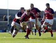 14 May 2005; Anthony Horgan, Munster, races for the line to score his sides first try despite the tackle of Simon Easterby, Llanelli Scarlets. Celtic Cup 2004-2005 Final, Munster v Llanelli Scarlets, Lansdowne Road, Dublin. Picture credit; Brendan Moran / SPORTSFILE
