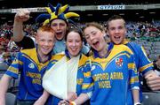 15 May 2005; Longford supporters left to right, Keith Carbury, Nathan Cox, Katie Carbury, Aoife Connaughton and Blaine Carbury, cheer on their team. Bank Of Ireland Leinster Senior Football Championship, Dublin v Longford, Croke Park, Dublin. Picture credit; David Maher / SPORTSFILE
