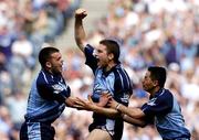 15 May 2005; Conal Keaney, centre, Dublin, celebrates with team-mates, Tomas Quinn, left and Jason Sherlock, after scoring his sides first goal. Bank Of Ireland Leinster Senior Football Championship, Dublin v Longford, Croke Park, Dublin. Picture credit; David Maher / SPORTSFILE