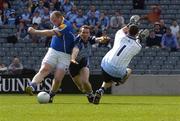 15 May 2005; Longford's Niall Sheridan in action against Dublin's Paddy Christie and goalkeeper Stephen Cluxton. Bank Of Ireland Leinster Senior Football Championship, Dublin v Longford, Croke Park, Dublin. Picture credit; Damien Eagers / SPORTSFILE