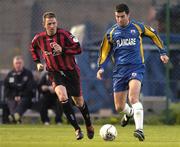 13 May 2005; Davy Byrne, Longford Town, in action against Gareth Farrelly, Bohemians. eircom league, Premier Division, Bohemians v Longford Town, Dalymount Park, Dublin. Picture credit; Brian Lawless / SPORTSFILE
