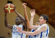 22 January 2014; Nehemy Mutombo, left, and Bobby Cudden, St Joseph's, in action against Aamen Mostafa, St Andrews. All-Ireland Schools Cup U16B Boys Final, St Joseph's, Drogheda, Co. Louth v St Andrews, Co. Dublin. National Basketball Arena, Tallaght, Co. Dublin. Picture credit: David Maher / SPORTSFILE