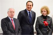22 January 2014; From left: Minister of State for Tourism and Sport, Michael Ring T.D., Minister for Transport, Tourism and Sport, Leo Varadkar, T.D. and  Northern Ireland's Sports Minister Carál Ní Chuilín MLA, at a meeting to discuss the steps needed to submit a bid for the 2023 Rugby World Cup. North South Ministerial Council Joint Secretariat, Armagh. Picture credit: Oliver McVeigh / SPORTSFILE