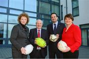 22 January 2014; Minister of State for Tourism and Sport, Michael Ring T.D., second from left, and Minister for Transport, Tourism and Sport, Leo Varadkar, T.D. met with Northern Ireland's Sports Minister, Carál Ní Chuilín MLA, left, and Enterprise, Trade and Investment Minister, Arlene Foster MLA, to discuss the steps needed to submit a bid for the 2023 Rugby World Cup. North South Ministerial Council Joint Secretariat, Armagh. Picture credit: Oliver McVeigh / SPORTSFILE