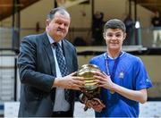 22 January 2014; St Josephs Drogheda's Robert Sullivan is presented with the MVP award by Bernard O'Byrne, Chief Executive, Basketball Ireland. All-Ireland Schools Cup U16B Boys Final, St Joseph's, Drogheda, Co. Louth v St Andrews, Co. Dublin. National Basketball Arena, Tallaght, Co. Dublin. Picture credit: David Maher / SPORTSFILE