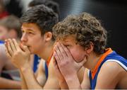22 January 2014; A disappointed Beau Bassett, St.Andrews Dublin, at the end of the game. All-Ireland Schools Cup U16B Boys Final, St Joseph's, Drogheda, Co. Louth v St Andrews, Co. Dublin. National Basketball Arena, Tallaght, Co. Dublin. Picture credit: David Maher / SPORTSFILE
