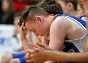 22 January 2014; A disappointed James Brown, St. Andrews Dublin, at the end of the game. All-Ireland Schools Cup U16B Boys Final, St Joseph's, Drogheda, Co. Louth v St Andrews, Co. Dublin. National Basketball Arena, Tallaght, Co. Dublin. Picture credit: David Maher / SPORTSFILE