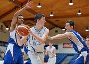 22 January 2014; Bobby Cudden, St Joseph's Drogheda, in action against Aamn Mostafa, left and Robbie Fidgeon Kavanaugh, St Andrew's Dublin. All-Ireland Schools Cup U16B Boys Final, St Joseph's, Drogheda, Co. Louth v St Andrews, Co. Dublin. National Basketball Arena, Tallaght, Co. Dublin. Picture credit: David Maher / SPORTSFILE