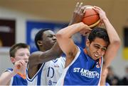 22 January 2014; Aamen Mostafa, St.Andrew's Dublin, in action against Mehemy Mutombo, St Joseph's Drogheda. All-Ireland Schools Cup U16B Boys Final, St Joseph's, Drogheda, Co. Louth v St Andrews, Co. Dublin. National Basketball Arena, Tallaght, Co. Dublin. Picture credit: David Maher / SPORTSFILE