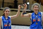 22 January 2014; Crescent Comprehensive joint captains Jenny Morrison, right, and Ciara Lane celebrate with the cup at the end of the game. All-Ireland Schools Cup U16A Girls Final, Crescent Comprehensive, Co. Limerick v Presentation Waterford. National Basketball Arena, Tallaght, Co. Dublin. Picture credit: David Maher / SPORTSFILE