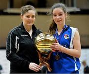 22 January 2014; Ciara Lane, Crescent Comprehensive, is presented with the MVP from Louise O'Loughlin, Basketball Ireland. All-Ireland Schools Cup U16A Girls Final, Crescent Comprehensive, Co. Limerick v Presentation Waterford. National Basketball Arena, Tallaght, Co. Dublin. Picture credit: David Maher / SPORTSFILE