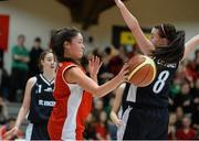 22 January 2014; Lesley Ann Nic Uillcin, Colaiste an Phiarsigh Gleann Maghair, in action against Claire Coveney, St Vincents Cork. All-Ireland Schools Cup U19A Girls Final, Colaiste an Phiarsigh Gleann Maghair, Co. Cork v St Vincents, Co. Cork. National Basketball Arena, Tallaght, Co. Dublin. Picture credit: David Maher / SPORTSFILE