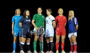 22 January 2014; In attendance at the launch of the 2014 RBS Six Nations Championship are team captains, from left to right, Italy's Silvia Gaudino, Scotland's Tracey Balmer, Ireland's Fiona Coughlan, England's Katy McLean , Wales' Phillippa Tuttiett and Marie Alice Yahe with the RBS Six Nations Championship trophy. RBS Six Nations Championship 2014 Launch, The Hurlingham Club, Ranelagh Gardens, London. Picture credit: Garry Bowden / SPORTSFILE