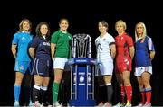 22 January 2014; In attendance at the launch of the 2014 RBS Six Nations Championship are team captains, from left to right, Italy's Silvia Gaudino, Scotland's Tracey Balmer, Ireland's Fiona Coughlan, England's Katy McLean , Wales' Phillippa Tuttiett and Marie Alice Yahe with the RBS Six Nations Championship trophy. RBS Six Nations Championship 2014 Launch, The Hurlingham Club, Ranelagh Gardens, London. Picture credit: Garry Bowden / SPORTSFILE